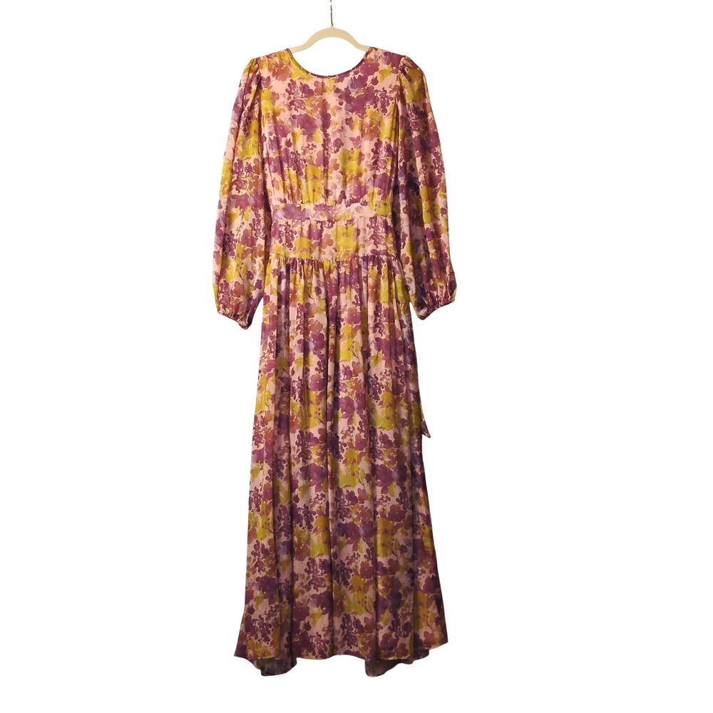 LDT Floral Maxi Purple Yellow Watercolor Chiffon deep V-Back Gown Size 10 NWT